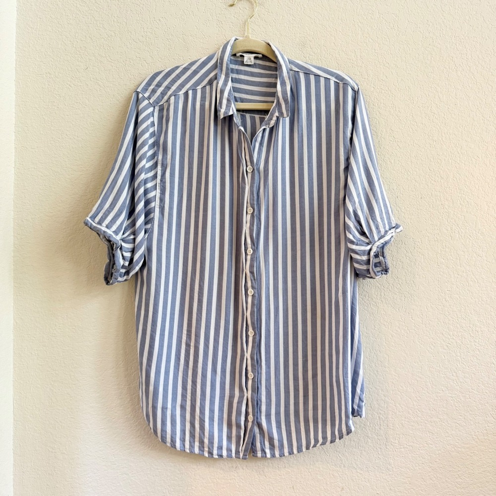 Beachlunchlounge Blue White Striped Rayon Lyocell Button Down Shirt Womens Large